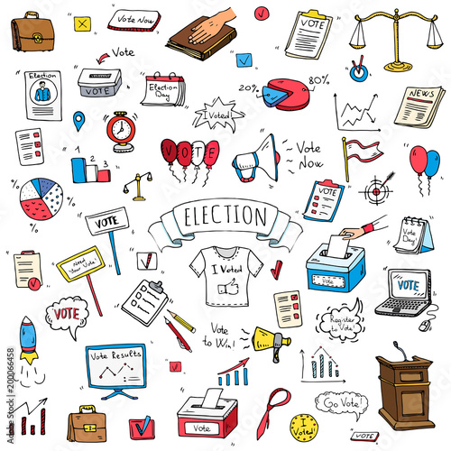Hand drawn doodle Vote icons set. Vector illustration. Election symbols collection. Cartoon various voting elements: hand putting paper in the ballot box, speaker, scale, calendar, infographics, case.