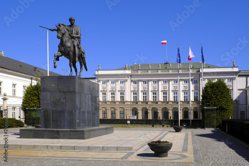Warsaw, Poland - Historic quarter of Warsaw old town - president palace at Krakowskie Przedmiescie street with prince Jozef Poniatowski monument