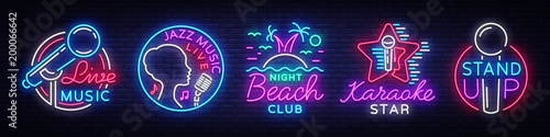 Set neon signs symbols. Live Music, Jazz Music, Nightclub Beach, Karaoke, Stand up logos and emblems. Bright Symbols, Light Banner, Night Bright Advertising Nightlife. Vector illustration