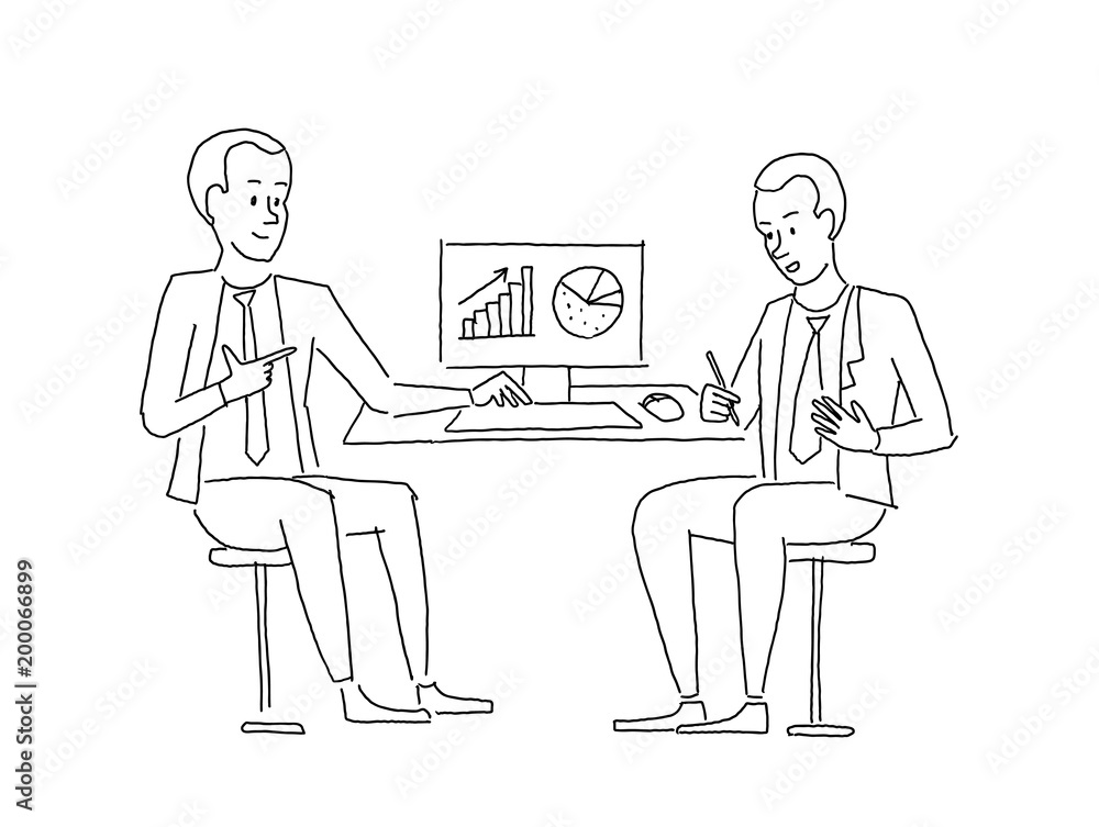 Sketch people at the table. Two businessman discussing business at work table looking at diagrams. Business situation. Hand drawn vector illustration.