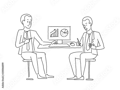 Sketch people at the table. Two businessman discussing business at work table looking at diagrams. Business situation. Hand drawn vector illustration.