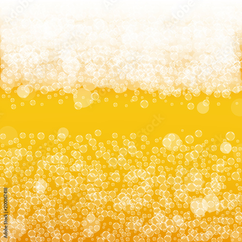 Beer background with realistic bubbles. Cool liquid drink for pub and bar menu design, banners and flyers. Yellow square beer background with white frothy foam. Cold pint of golden lager or ale.