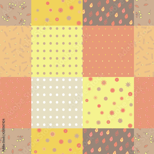 Vector abstract seamless patchwork pattern with geometric and floral ornaments, stylized flowers, dots and lace. Vintage boho style.