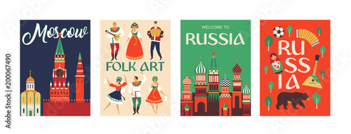 Welcome to Russia. Russian traditional folk art. Poster. Flat design Vector illustration.