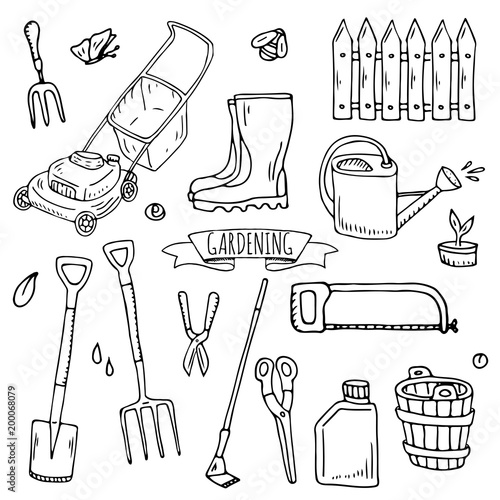 Hand drawn doodle set of Gardening icons. Vector illustration set. Cartoon Garden symbols. Sketchy elements collection: lawnmower, trimmer, spade, fork, rake, hoe, trug, wheelbarrow, hose reel.