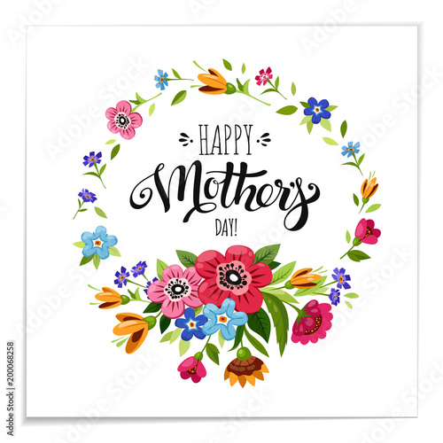 Lettering Happy Mothers Day in flower frame