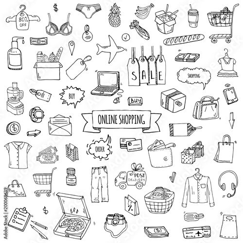 Hand drawn doodle set of Online shopping icons. Vector illustration set. Cartoon buying symbols. Sketchy elements collection: laptop, sale, food, grocery, clothing, cart, wallet, credit card, tag, bag