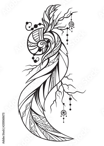 Black and white illustration of a boho element. Doodle illustration of cockleshell with feathers and beads  for sketch of tattoos, printing on T-shirts, covers and your creativity. Coloring for adults