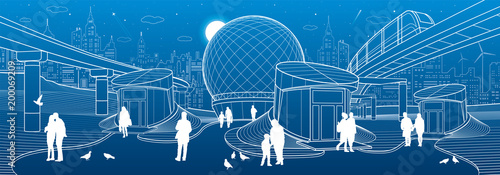Modern city architecture infrastrucrure. Entrance to the underpass. Futuristic urban illustration. People walking at street. Airplane fly. Night town. White lines on blue background, vector design art