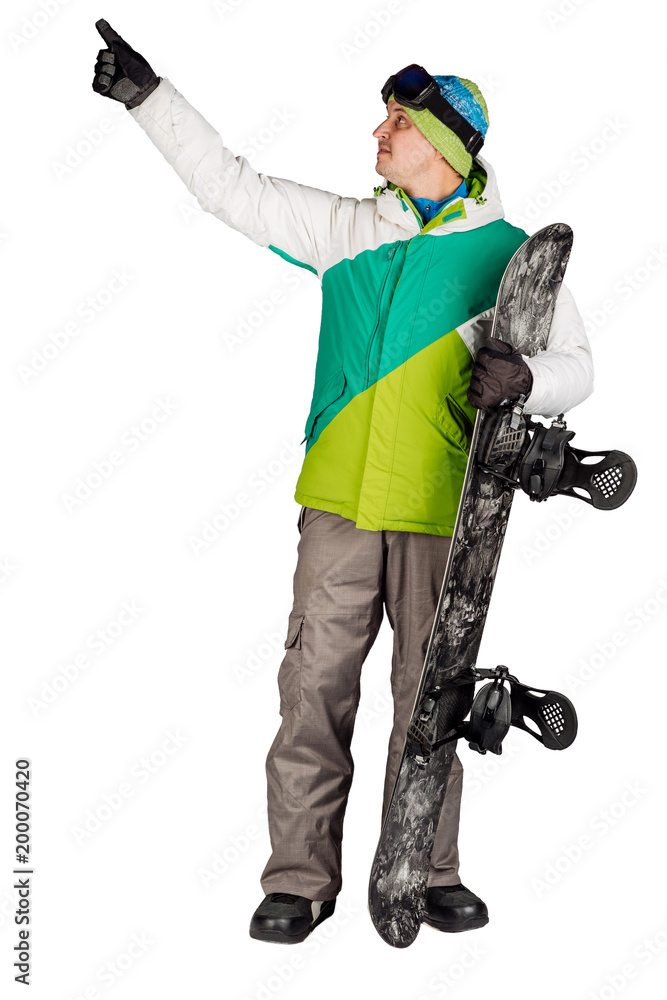 Full length portrait of young man in sportswear with snowboard isolated on a white background. Sport and people concept. Full length portrait of young man in sportswear with snowboard isolated on a white background. Sport and people concept.