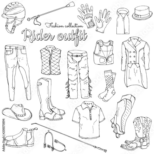 Set of objects on the rider equipment theme. Vector images of sports outfits and clothes for the horse rider.