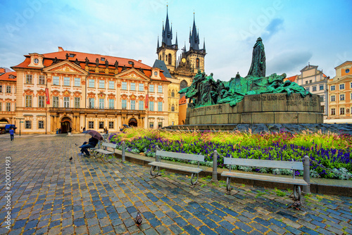 Old town square in Prague, Tyn Cathedral of the Virgin Mary and monument of Jan Hus. Czech Republic, World Heritage Site by UNESCO