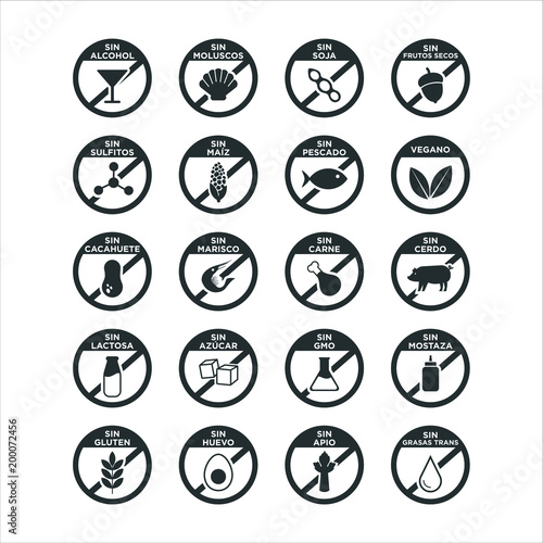 Allergen icon set. Vector illustration. Written in Spanish.