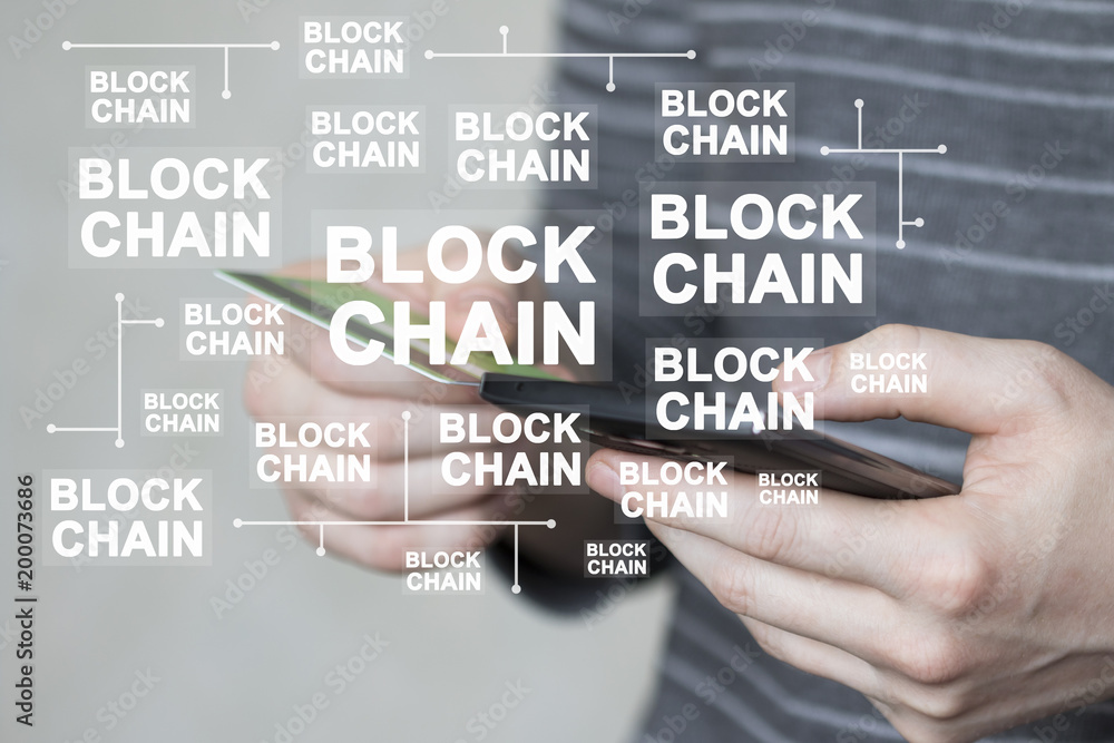 Businessman presses button blockchain on phone credit card virtual digital electronic user interface. Businessman presses button blockchain on phone credit card virtual digital electronic user interface.