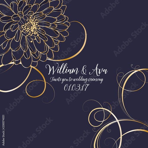 Beautiful wedding invitation. Abstract floral background with golden hand-drawing flower dahlias. 