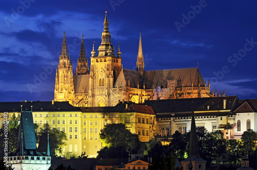 Prague castle in the evening after sunset with the included decorative lighting.