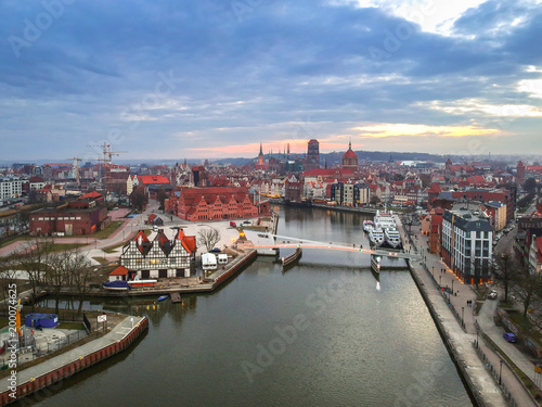 Aerial view of Gdansk old town at sunset, Poland