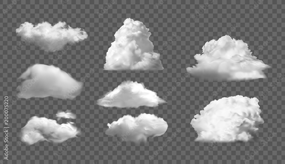 Collection set of realistic white clouds on a transparent background. Collection set of realistic white clouds on a transparent background.
