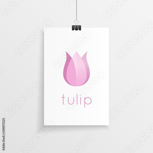 Abstract tulip flower logo and icon design on a white hanging paper piece.