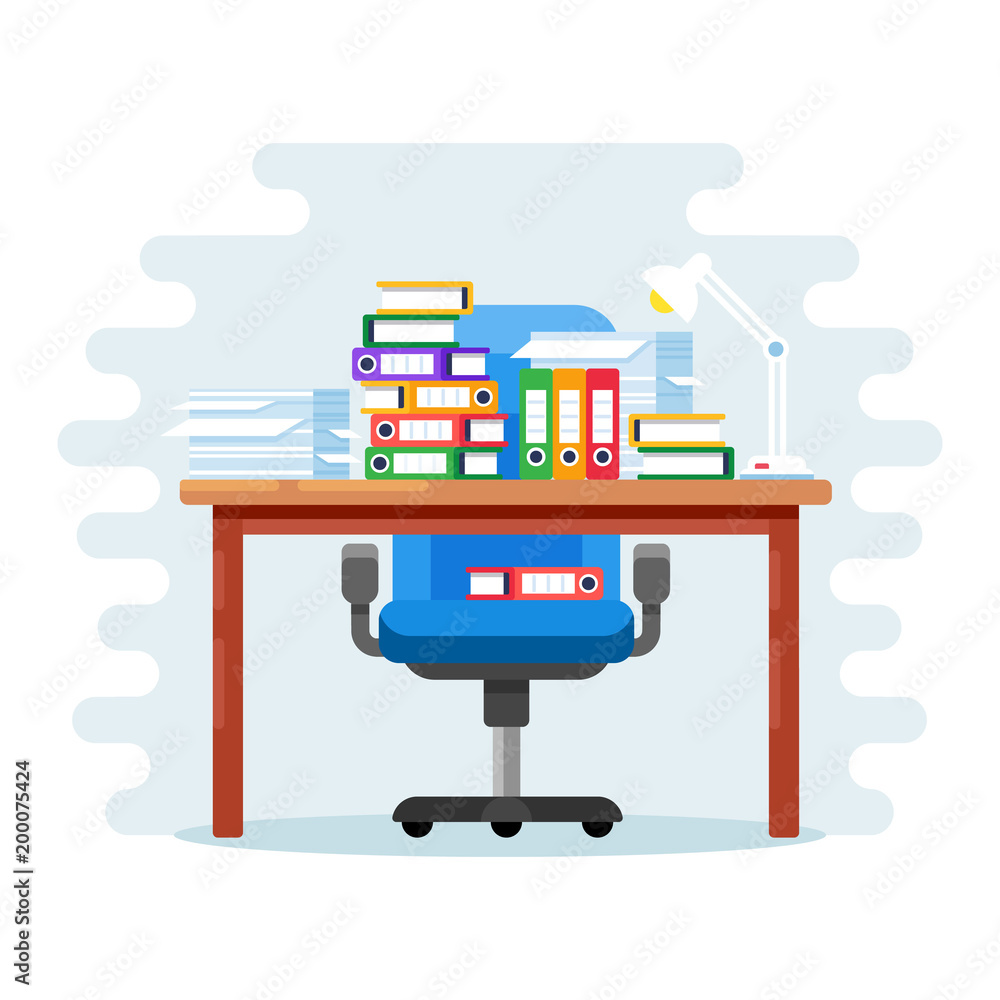 Office workplace with pile of paper documents and file folders. Office workplace with pile of paper documents and file folders.