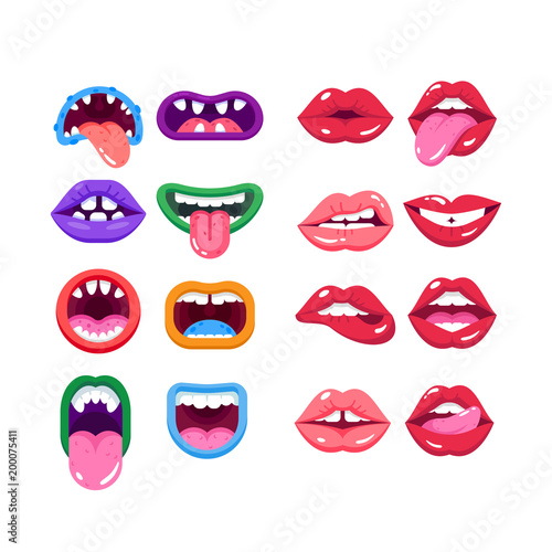 Set comic monster mouth with teeth, realistic human woman lips.