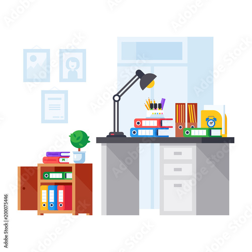 Office workplace with pile of paper documents and file folders.