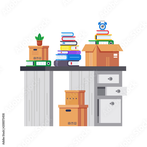 Office workplace with pile of paper documents and file folders.