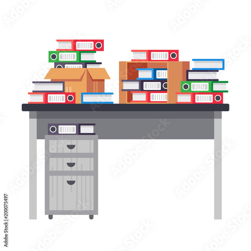 Office workplace with pile of paper documents and file folders.