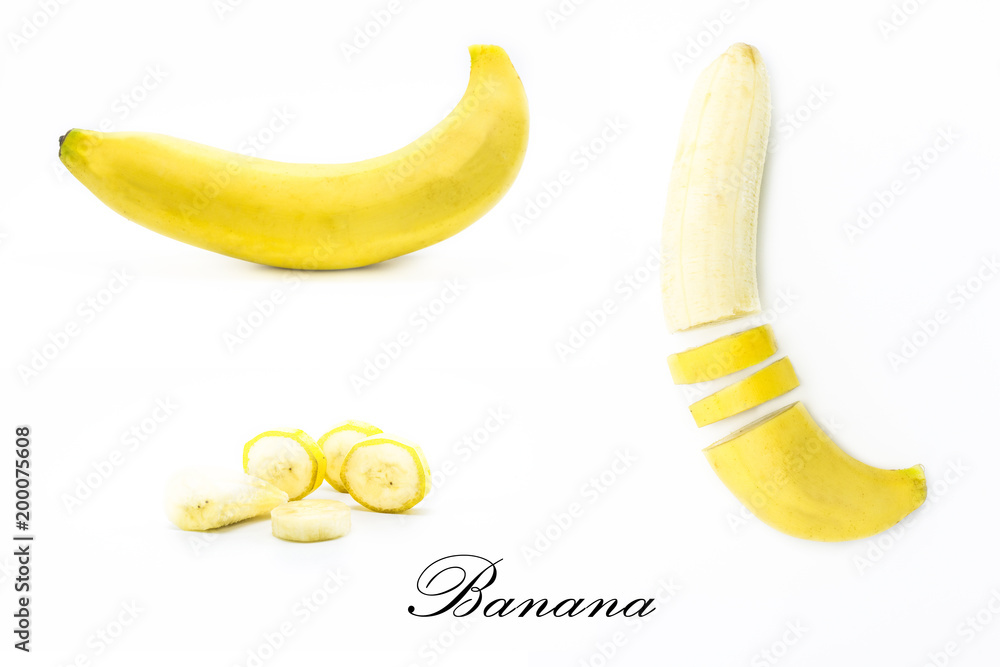 Combo of Banana with slices on a white background Combo of Banana with slices on a white background