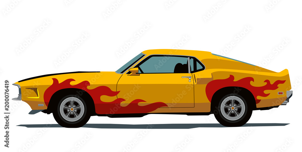 Pop art, yellow retro car of the seventies. Side view. Vector illustration  Stock Vector | Adobe Stock