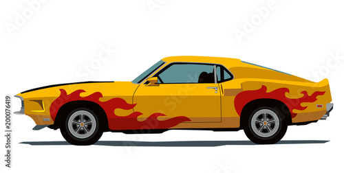 Pop art, yellow retro car of the seventies. Side view. Vector illustration