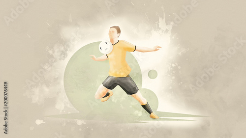 Creative abstract soccer player. Soccer Player Kicking Ball. Watercolor background. Retro style