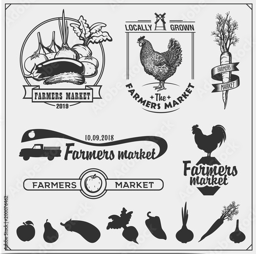 Set of farmers market emblems, logos and labels. Vector illustration.