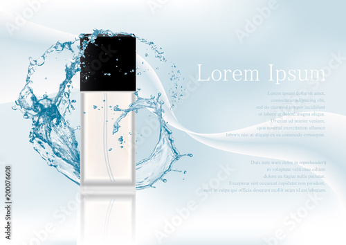 Advertising magazine page,Splash of water.Realistic transparent flacon with black lid for cosmetic product,perfume,toilet water isolated on abstract stylish gradient background .Vector illustration.