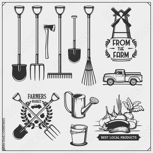 Vector set of farm and garden tools. Farmers market emblems.