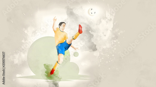 Creative abstract soccer player. Soccer Player Kicking Ball. Watercolor background. Retro style