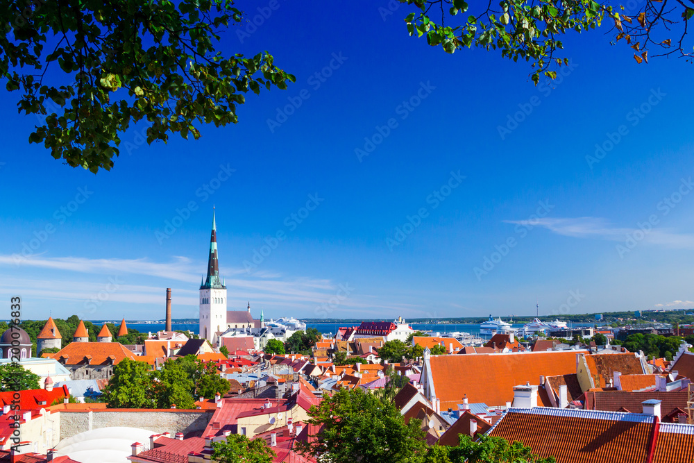 Aerial view of the old town of city Tallinn, Estonia, with the spire of Saint Nicholas' Church.