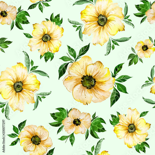 Large beautiful yellow flowers with leaves on light green background. Seamless vintage floral pattern.  Watercolor painting. Hand drawn illustration.