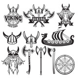Medieval warriors and his weapons. Labels with vikings. Set isolate on white