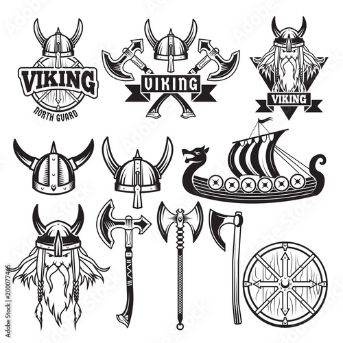 Medieval warriors and his weapons. Labels with vikings. Set isolate on white