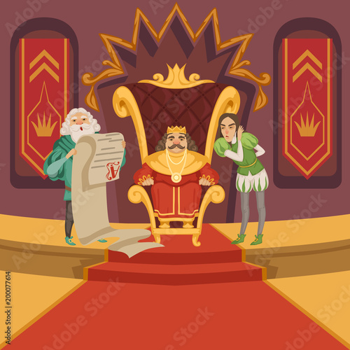 King on the throne and his retinue. Cartoon characters set