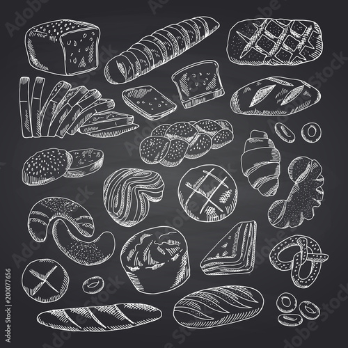 Vector hand drawn contoured bakery elements on black chalkboard