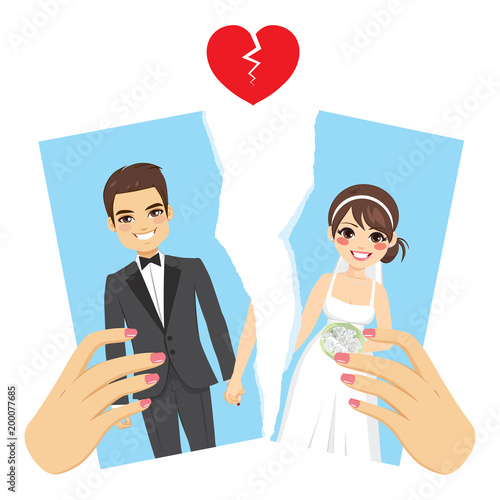 Illustration ripped photo divorce concept with female hands breaking apart wedding day portrait