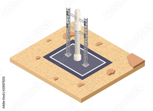 Isometric low poly cosmodrome and research space ship starting