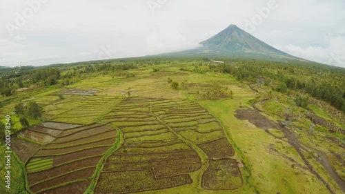 Mayon Volcano near Legazpi city in Philippines. Aerial view over rice fields. Mayon Volcano is an active volcano and 2462 meters high. Overcast. photo
