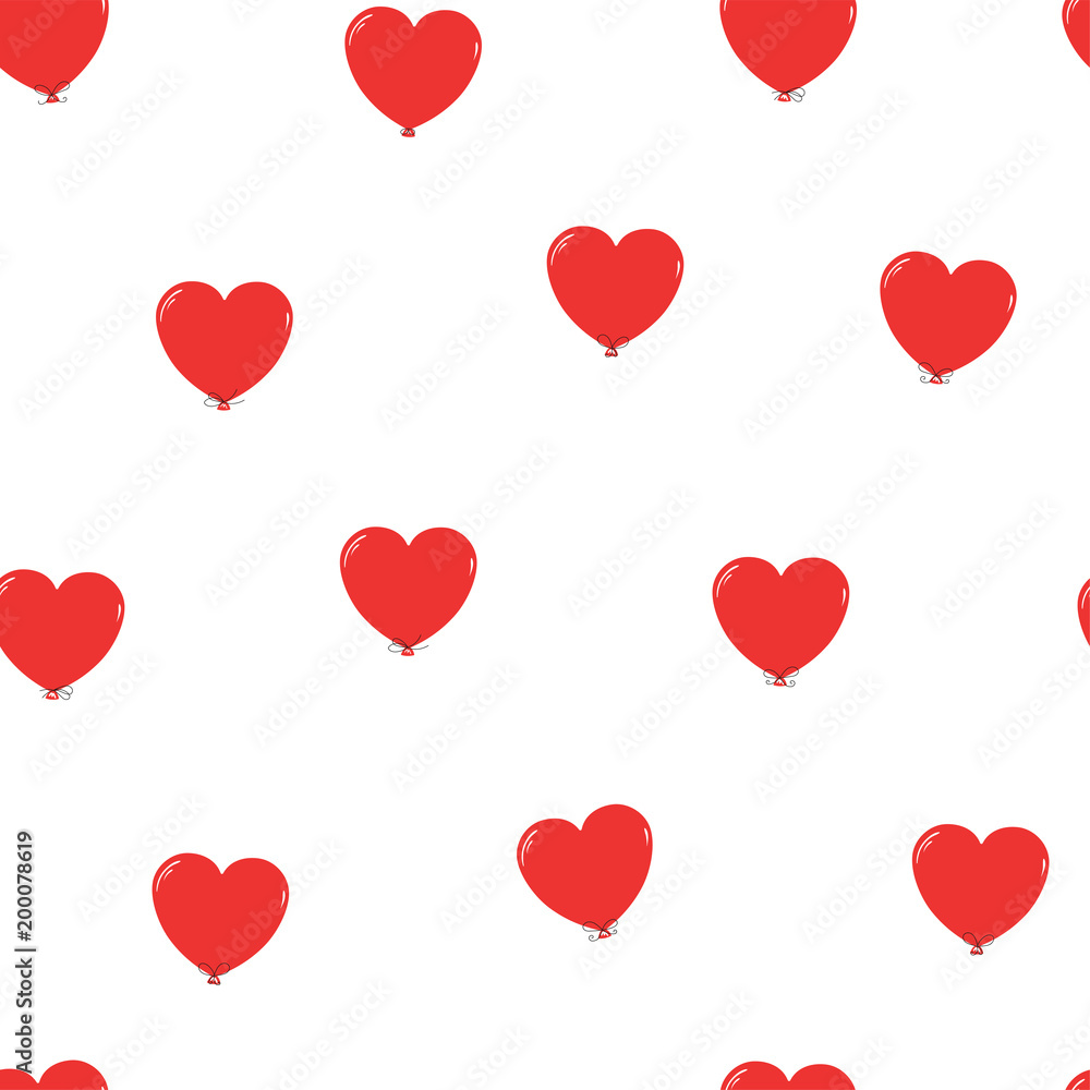 Hand drawn seamless vector pattern with flying heart shaped balloons, on a white background. Design concept for Valentines day, birthday, celebration, kids textile print, wallpaper, wrapping paper. Hand drawn seamless vector pattern with flying heart shaped balloons, on a white background. Design concept for Valentines day, birthday, celebration, kids textile print, wallpaper, wrapping paper.