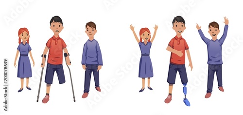 A boy with no legs. With crutches and prosthesis. Vector illustration, isolated on white background.