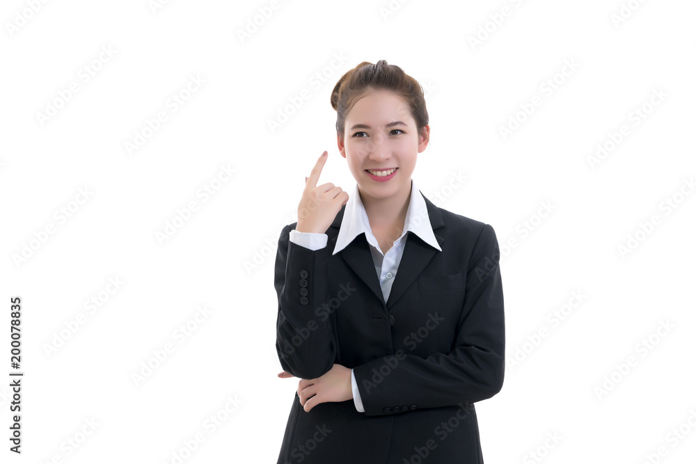 Smiling young Asian businesswoman in black suit and white shirt pointing finger isolated on white background Smiling young Asian businesswoman in black suit and white shirt pointing finger isolated on white background