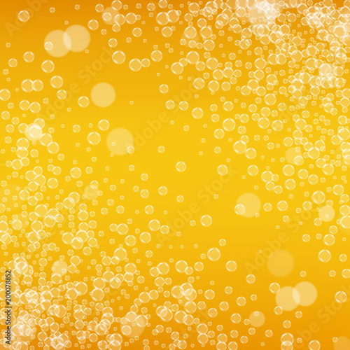 Beer background with realistic bubbles. Cool liquid drink for pub and bar menu design, banners and flyers. Yellow square beer background with white frothy foam. Cold pint of golden lager or ale.