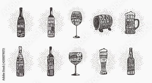 Alcohol beer glassware bottle and glass of wine.